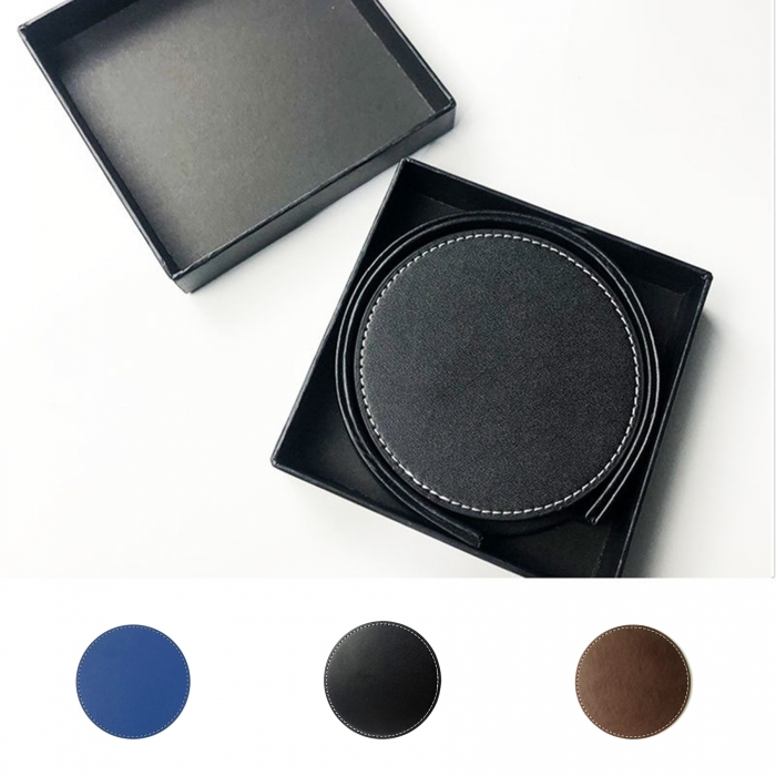 PU Leather Round Coasters Set W/Matching Stand