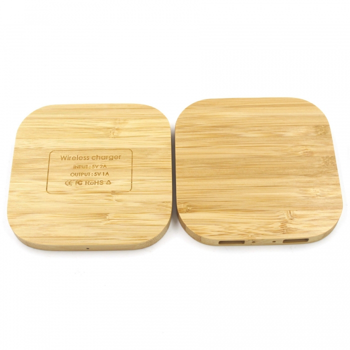 5W Bamboo Wood Wireless Charger w/Dual Ports